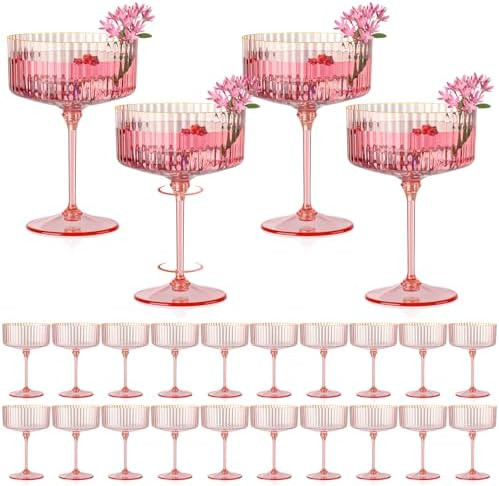 HKSZEH 24 PCS Ribbed Coupe Glasses Pink Plastic Champagne Coupe Cup 10oz Detachable Gold Rim Espr... | Amazon (US)