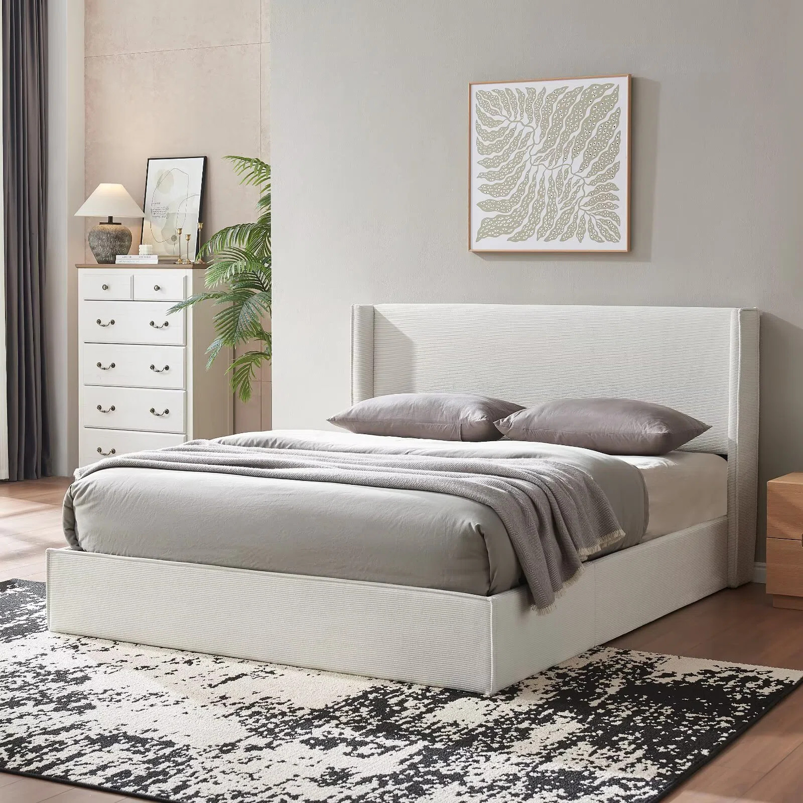 Lift-Up Storage Bed with 43" High Wingback Headboard, Corduroy Upholstery, Hydraulic Lift System,... | Wayfair North America