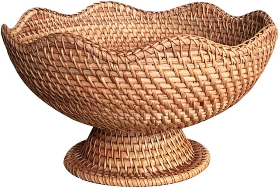 Cabilock Rattan Fruit Bowl Footed Decorative Fruit Basket Dessert Display Stand Food Snack Storage Tray for Kitchen Counter Table Centerpiece 25cm | Amazon (US)