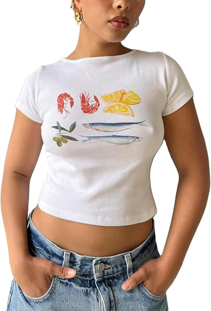 Women's Short Sleeve Y2K Baby Tees E-Girls Cute Graphic Print Crop Tops Slim Fit T Shirts Retro V... | Amazon (US)