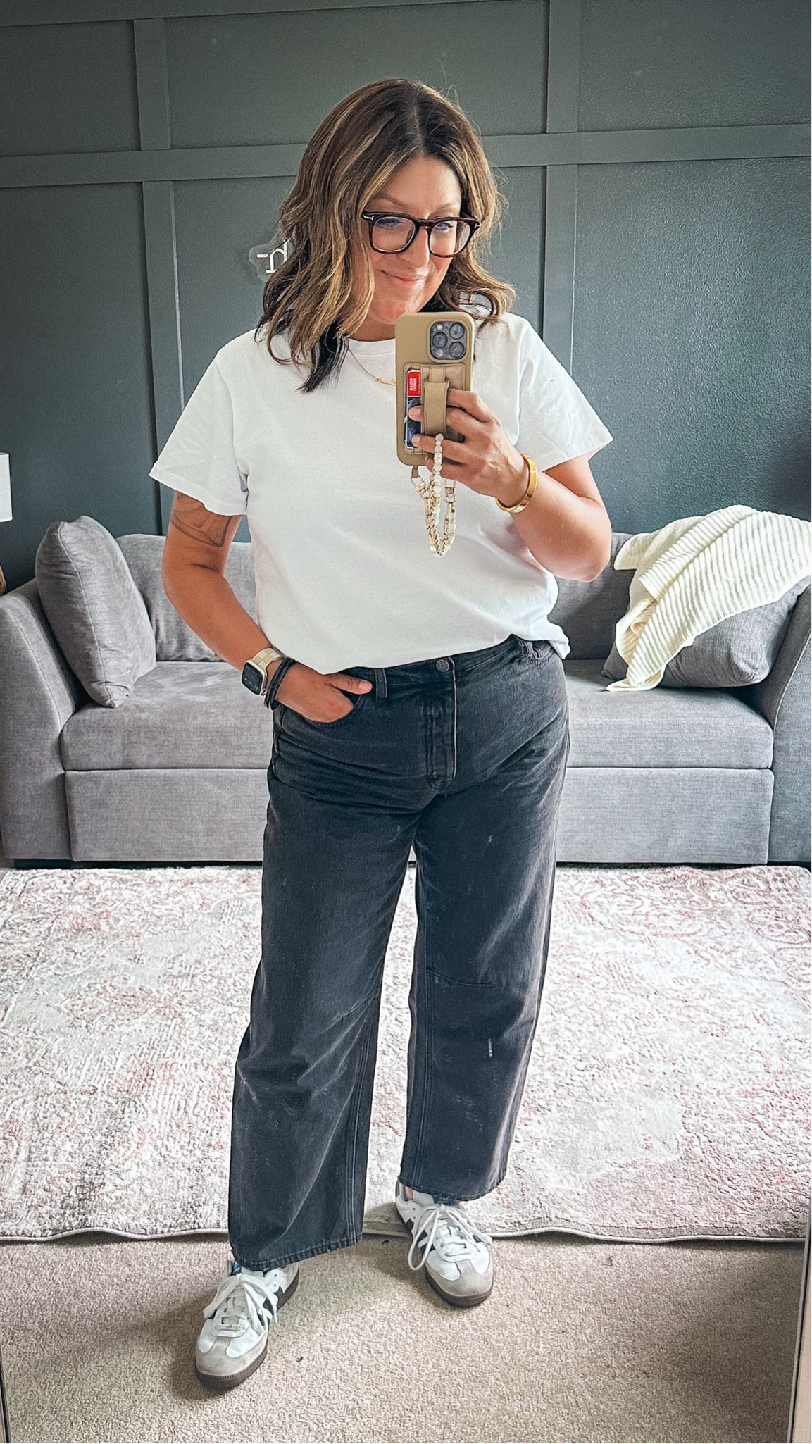 Ootd. Nuuds white tee (L), Madewell barrel leg jeans (30), Adidas sambas 

#LTKStyleTip #LTKOver40 #LTKMidsize