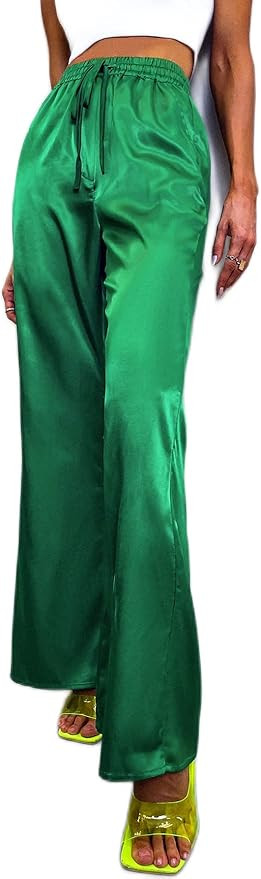 MakeMeChic Women's Satin Pants Drawstring High Waisted Silk Wide Leg Pants with Pockets | Amazon (US)