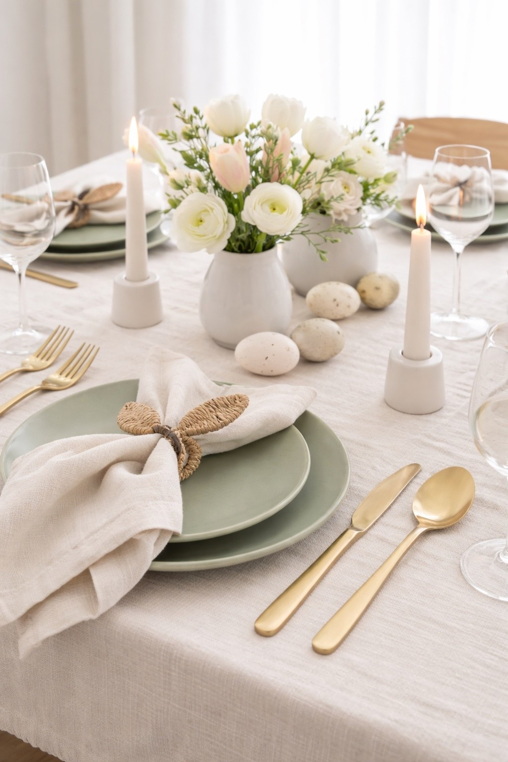 A simple Easter table. Cute, neutral & festive!

(Ai Generated Image with Target finds)
Easter decor, Easter table, target decor, napkin ring, napkins, silverware, green plates, candles, glasses


#LTKHome #LTKSeasonal