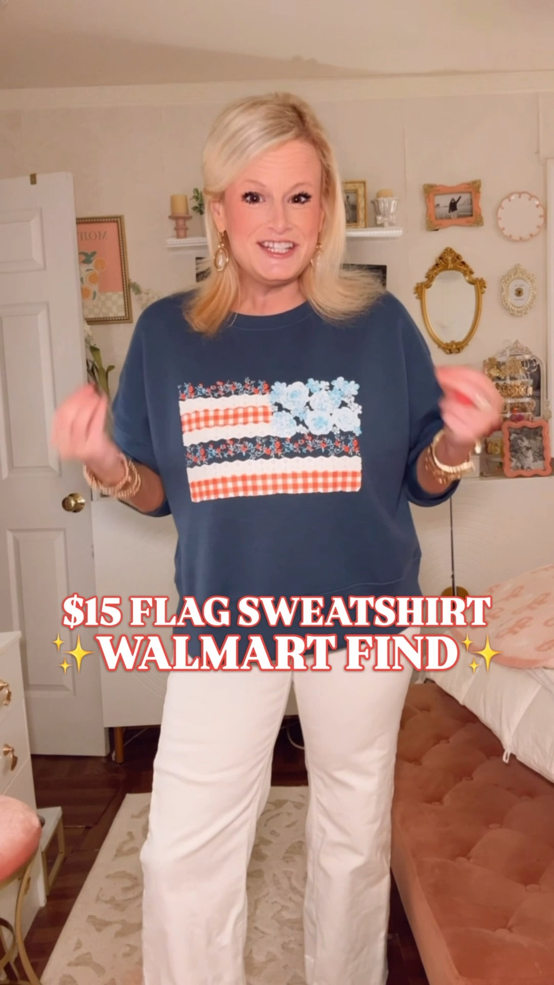Fourth of July sweatshirt | flag sweatshirt | Walmart patriotic outfit | July 4th outfit | preppy Americana style

This $15 Walmart flag sweatshirt is one of the best Fourth of July outfit finds. 

This one has gingham stripes, floral panels, and ditsy print rows that make the American flag feel feminine, preppy, and so much more elevated. The navy fleece base with white denim and gold jewelry gives that classic Ralph Lauren summer ad energy at a Walmart price.

I sized up to a large for an oversized fit and would recommend doing the same if you want that relaxed, easy look.

The fabric is 60% cotton and 40% polyester fleece with a boxy fit, crew neckline, long sleeves, ribbed trim, and machine washable fabric. It feels like the kind of casual summer layer you will throw on for Fourth of July fireworks, lake weekends, boat nights, beach trips, backyard cookouts, summer nights on the water, and cool evenings when you still want the outfit to feel festive.

At $15, this is the kind of Walmart find that makes sense to grab before July 4th sizes start disappearing.

If you are searching for Fourth of July outfits, July 4th outfit ideas, flag sweatshirt, patriotic sweatshirt, American flag pullover, Walmart finds, Walmart style, red white and blue outfit, Americana style, preppy patriotic outfit, lake outfit, boat day outfit, fireworks outfit, summer sweatshirt, or Ralph Lauren inspired summer style, this is the one.

Fourth of July sweatshirt, Fourth of July outfit, July 4th outfit, 4th of July outfit, flag sweatshirt, patriotic sweatshirt, American flag sweatshirt, Walmart sweatshirt, Walmart finds, Walmart style, Walmart fashion finds, red white and blue outfit, Americana outfit, preppy Americana style, patriotic outfit women, summer sweatshirt, lake outfit, boat day outfit, fireworks outfit, cookout outfit, Ralph Lauren inspired outfit

#LTKFindsUnder50 #LTKFindsUnder100 #PreppyStyle #FlagSweater #WalmartStyle #WalmartFinds #LookForLess #FourthofJulyOutfit #SummerOutfits

#LTKPetite #LTKSeasonal #LTKTravel