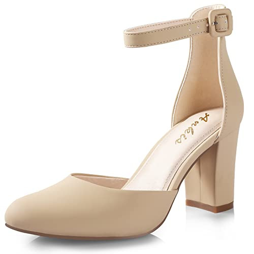 Ankis Closed Toe Heels for Women -Nude Womens Heels Closed Toe Chunky Block Pumps Shoes, 3 Inch | Amazon (US)