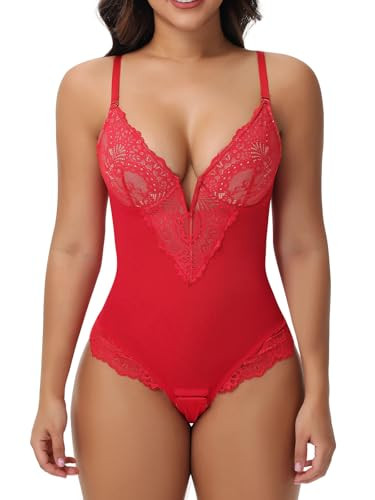 SHAPERIN Corset Bodysuit for Women Sexy Lace Body Suits Tummy Control Thong Shapewear Corset Tops Body Shaper Red 2XL | Amazon (US)
