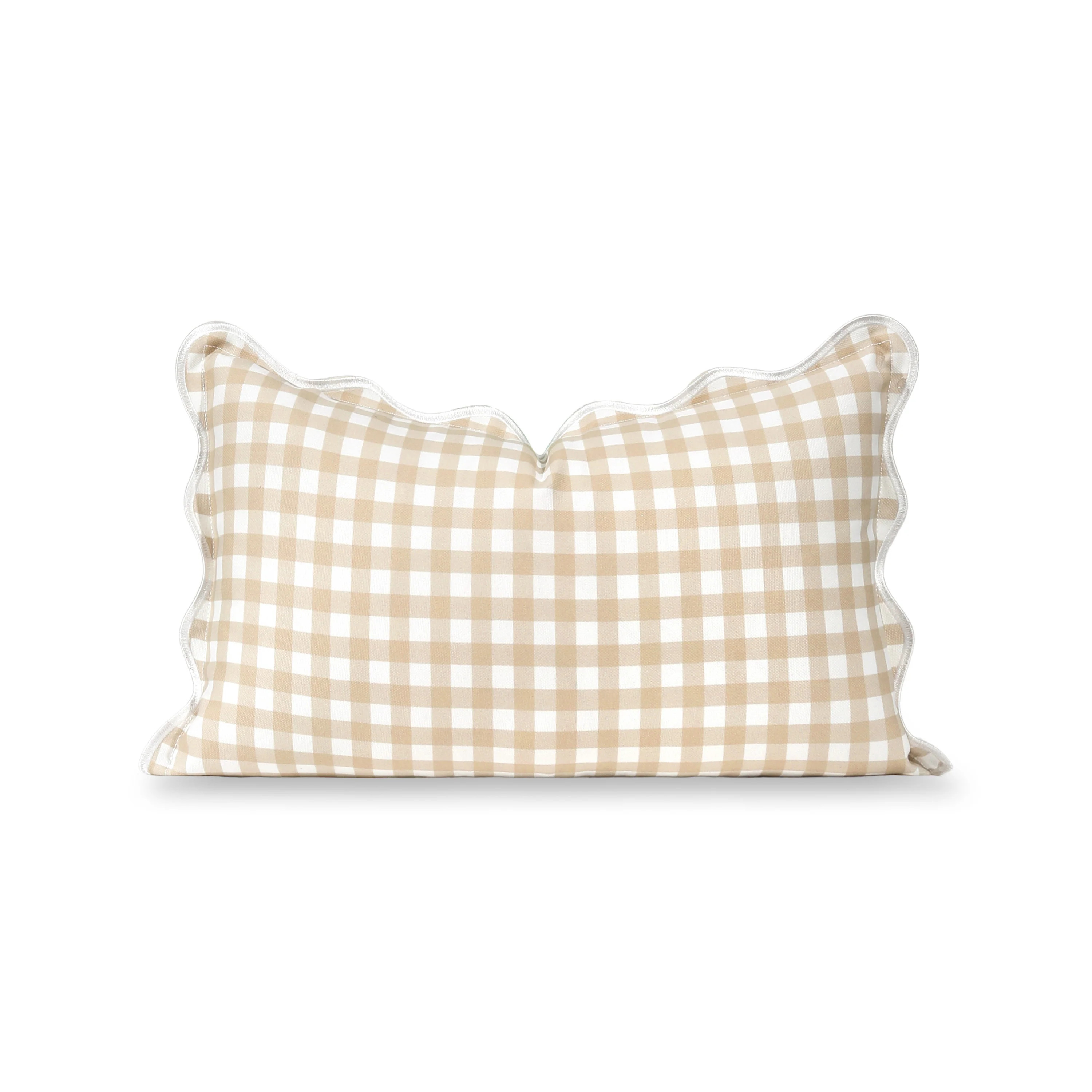 Lune, Indoor/Outdoor Tan Lumbar Pillow Cover, Gingham with Scalloped Border, 12 | Hofdeco