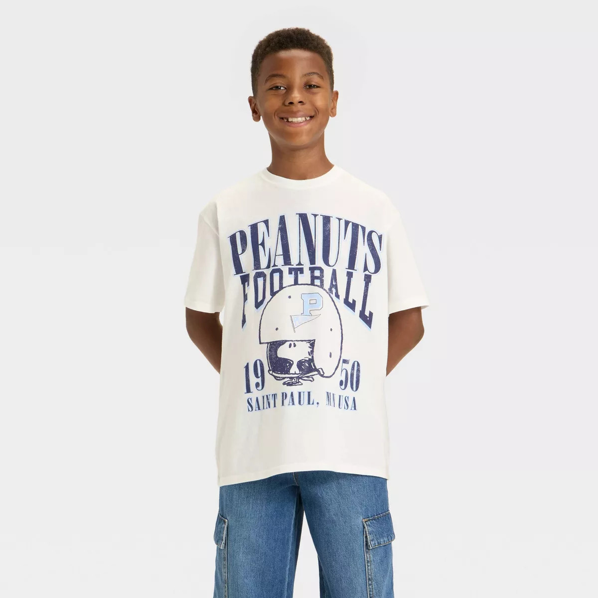 Boys' Peanuts Football Oversized Short Sleeve Graphic T-Shirt - Off-White | Target