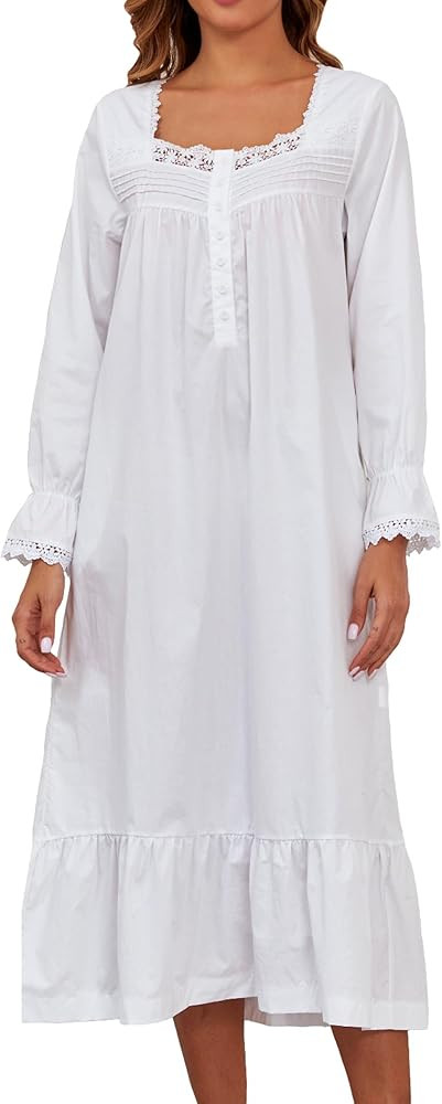 100% Cotton Nightgowns For Women Victorian Night Gown Long Sleeve House Dress With Pockets S-3XL | Amazon (US)