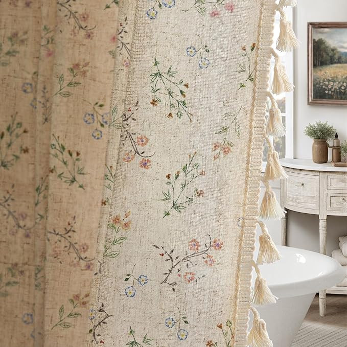 Floral Farmhouse Vintage Linen Shower Curtain, French Country Spring Shower Curtains for Bathroom... | Amazon (US)