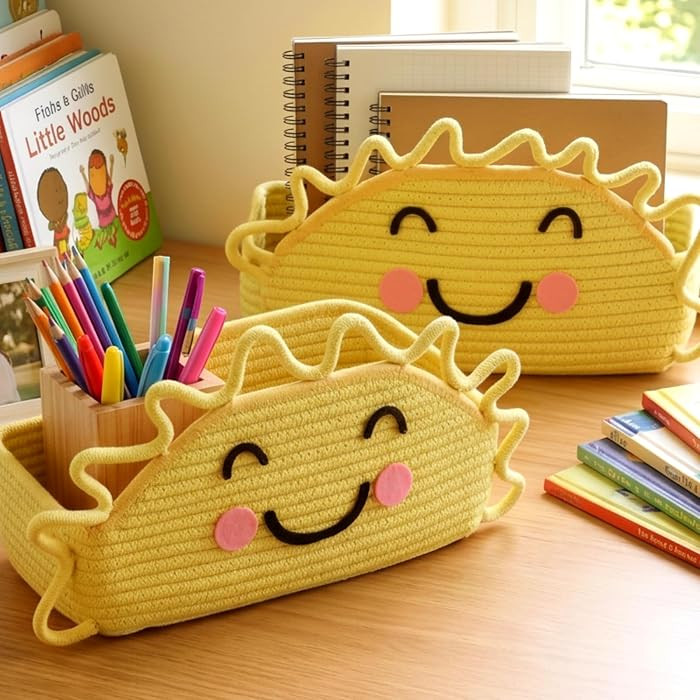 2 Pcs Rope Baskets for Classroom Woven Boho Sun Storage Baskets 12 x 6inch Smile Face Pencil Orga... | Amazon (US)