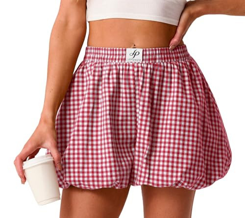 Lepunuo Bubble Plaid Shorts for Women Summer Gingham Pajamas Boxer Shorts Y2K Beach Vacation Bottoms | Amazon (US)