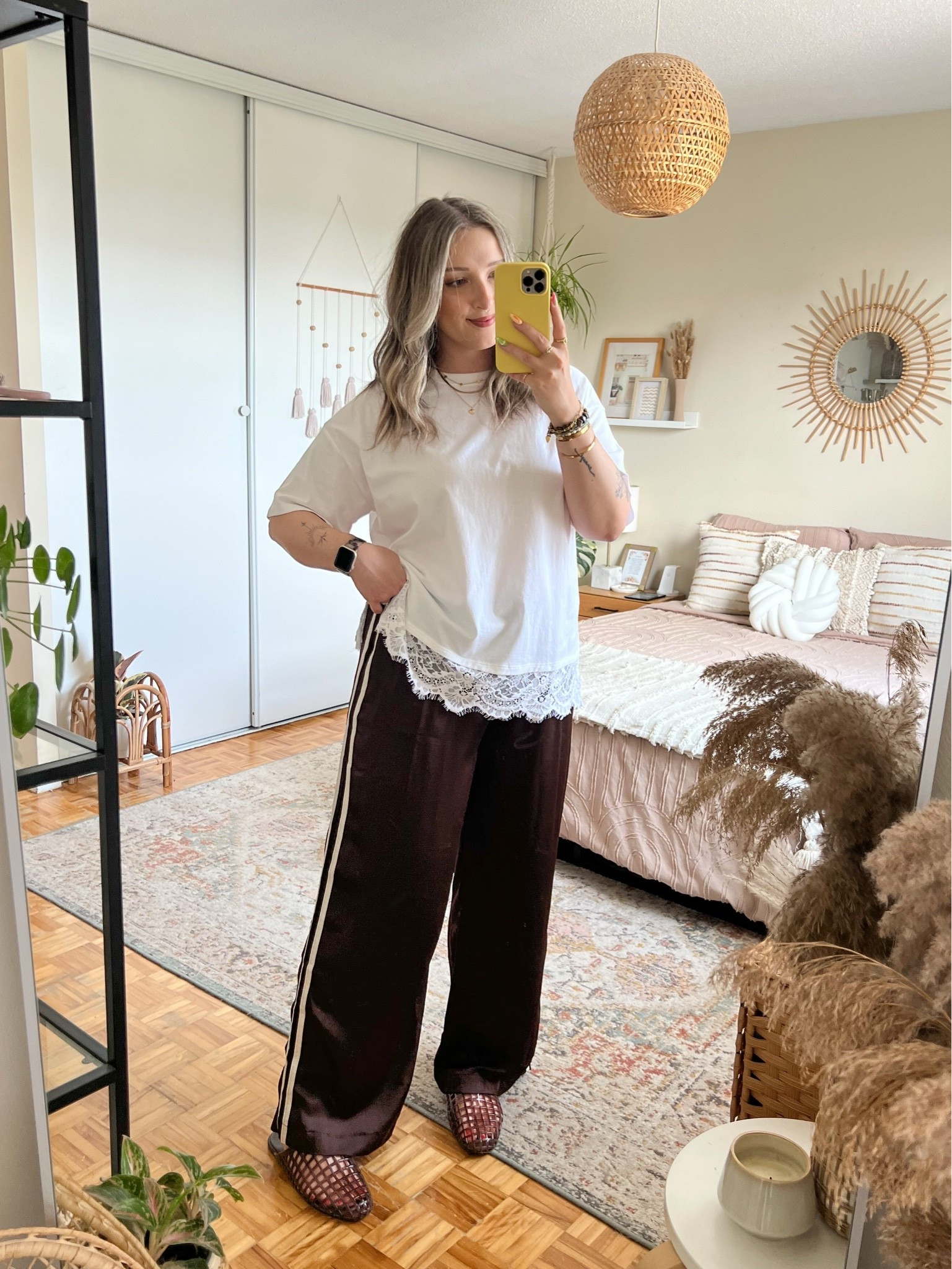Trendy summer to fall transition outfit! @oldnavy #oldnavypartner 50% off online only! Lace trim tee is so fun and adds so much interest to an outfit, wearing my usual size L. Also wearing L in the satin track pants - love the chocolate brown! Jelly shoes are also Old Navy, I’m a 9.5-10 and wear a 10. Canadian links under “similar products”

#LTKsale #LTKmidsize #LTKstyletip