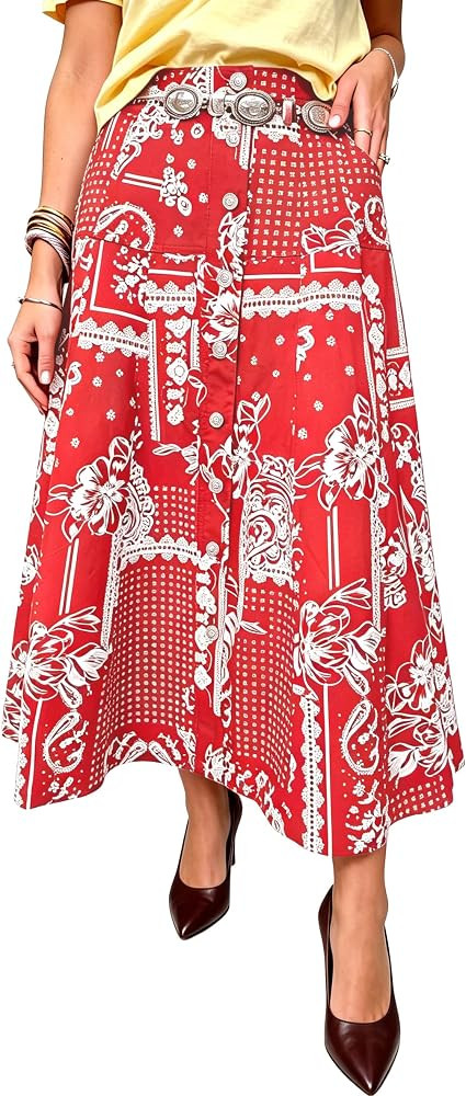 Tankaneo Womens Boho Button Front A-Line Midi Skirt with Pockets | Amazon (US)