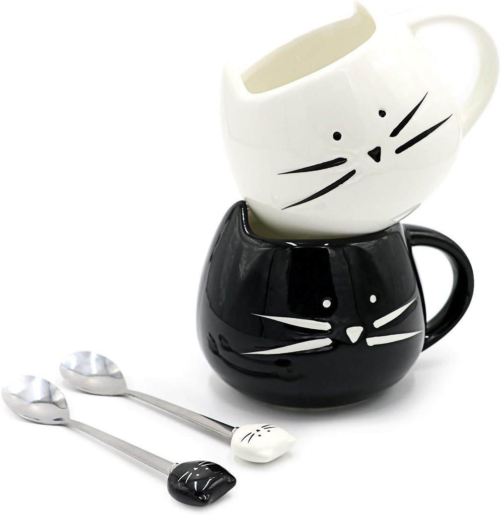 Teagas Cat Coffee Mugs for Crazy Cat Lady - Black & White Ceramic Cat Coffee Mugs and Cute Cat Spoon | Amazon (US)