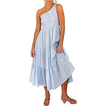 ANRABESS Women's 2023 Summer Bohemian One Shoulder Sleeveless Smocked Ruffle Tiered Beach Maxi Su... | Amazon (US)
