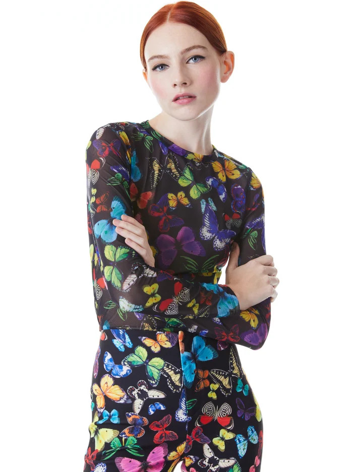 DELAINA MESH LONG SLEEVE CROP TOP | Alice + Olivia