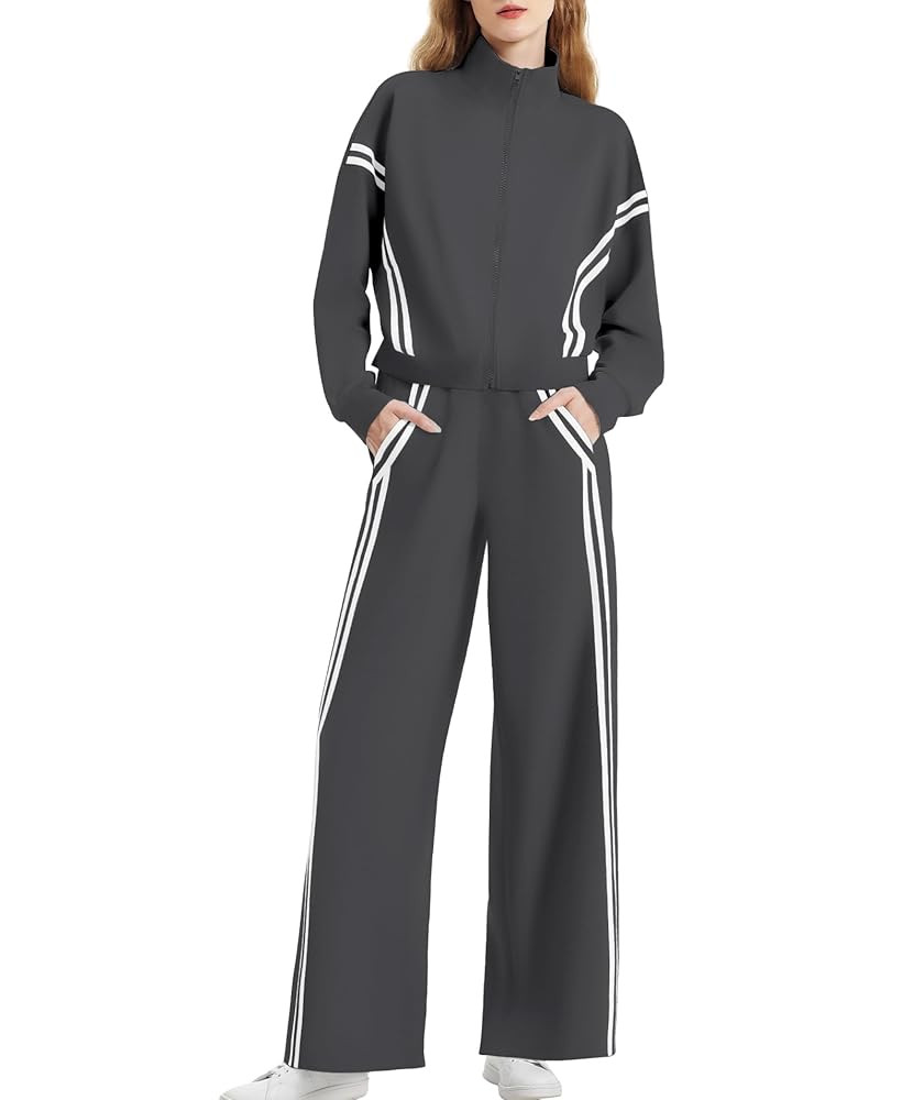 Women's 2 Piece Lounge Outfits Zip Up Sweat Set Contrast Striped Wide Leg Jogging Pants Travel Tr... | Amazon (US)