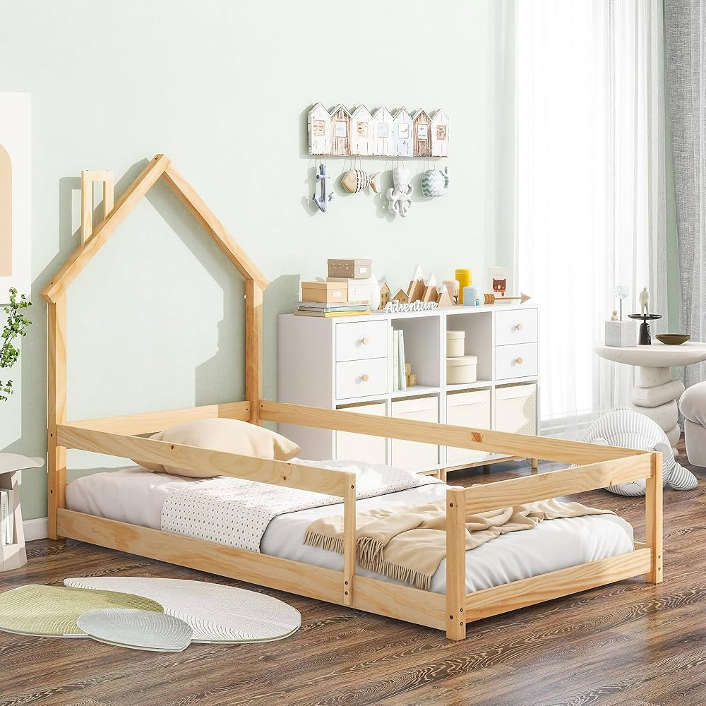 Bellemave Twin Size House-Shaped Headboard Floor Bed With Fence, Wooden Montessori for Kids, Hous... | Amazon (US)