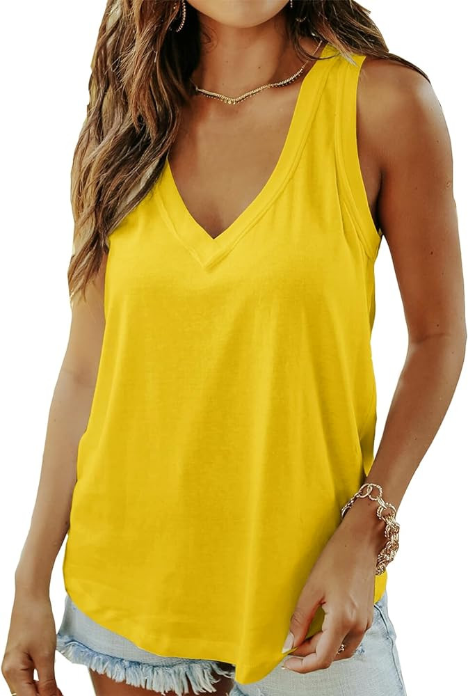 Smile Fish Women Summer Deep V Neck Tank Top Loose Fit Flowy Shirt | Amazon (US)