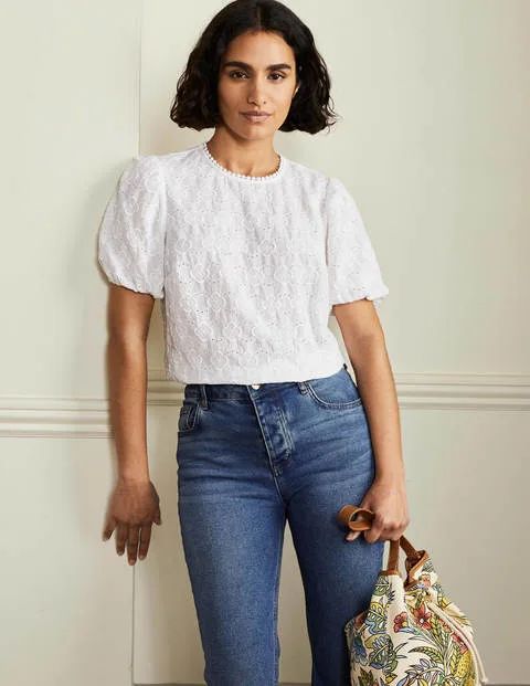 Broderie Puff Sleeve Top White Women Boden | Boden (US)