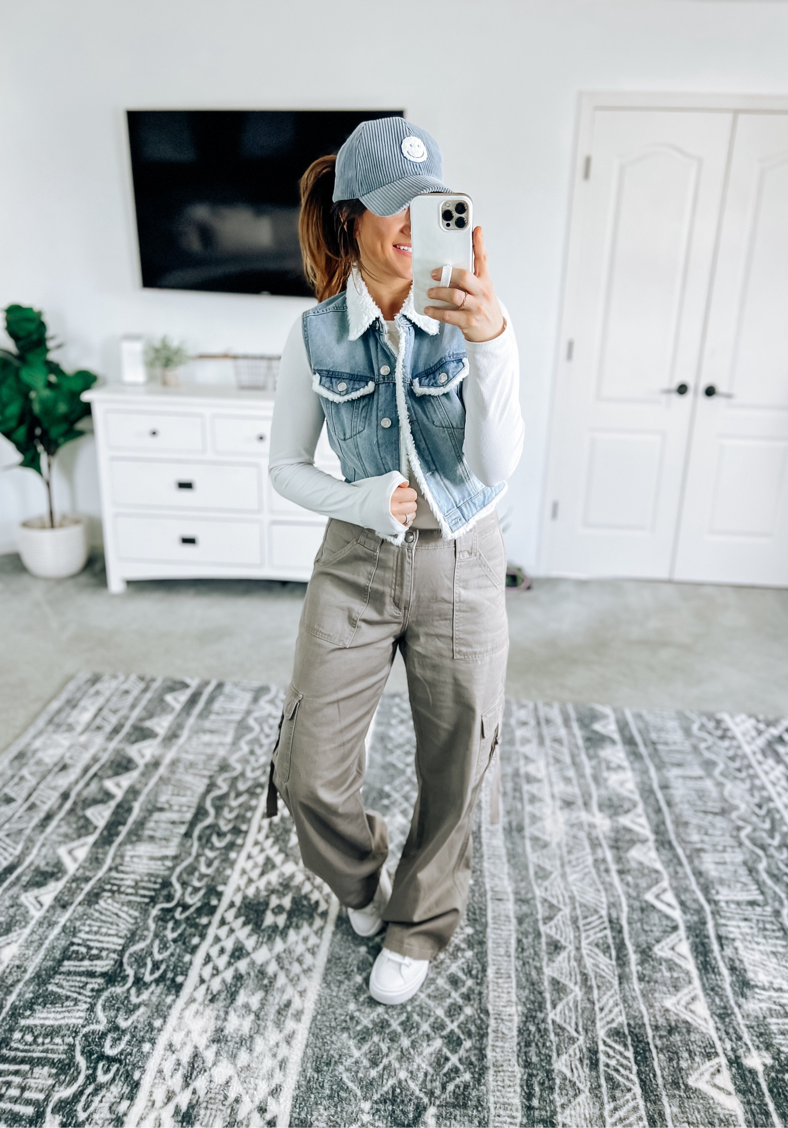 I love the trendy cargo pants! Cute and comfy (with an elastic back)! Very true to size, if between sizes consider sizing up! (In the medium here, but have the small and both work) If the vest is out of stock, I linked a super cute new option by Celebrity Pink that is sherpa lined!! 

#LTKstyletip #LTKfindsunder50 #LTKfindsunder100