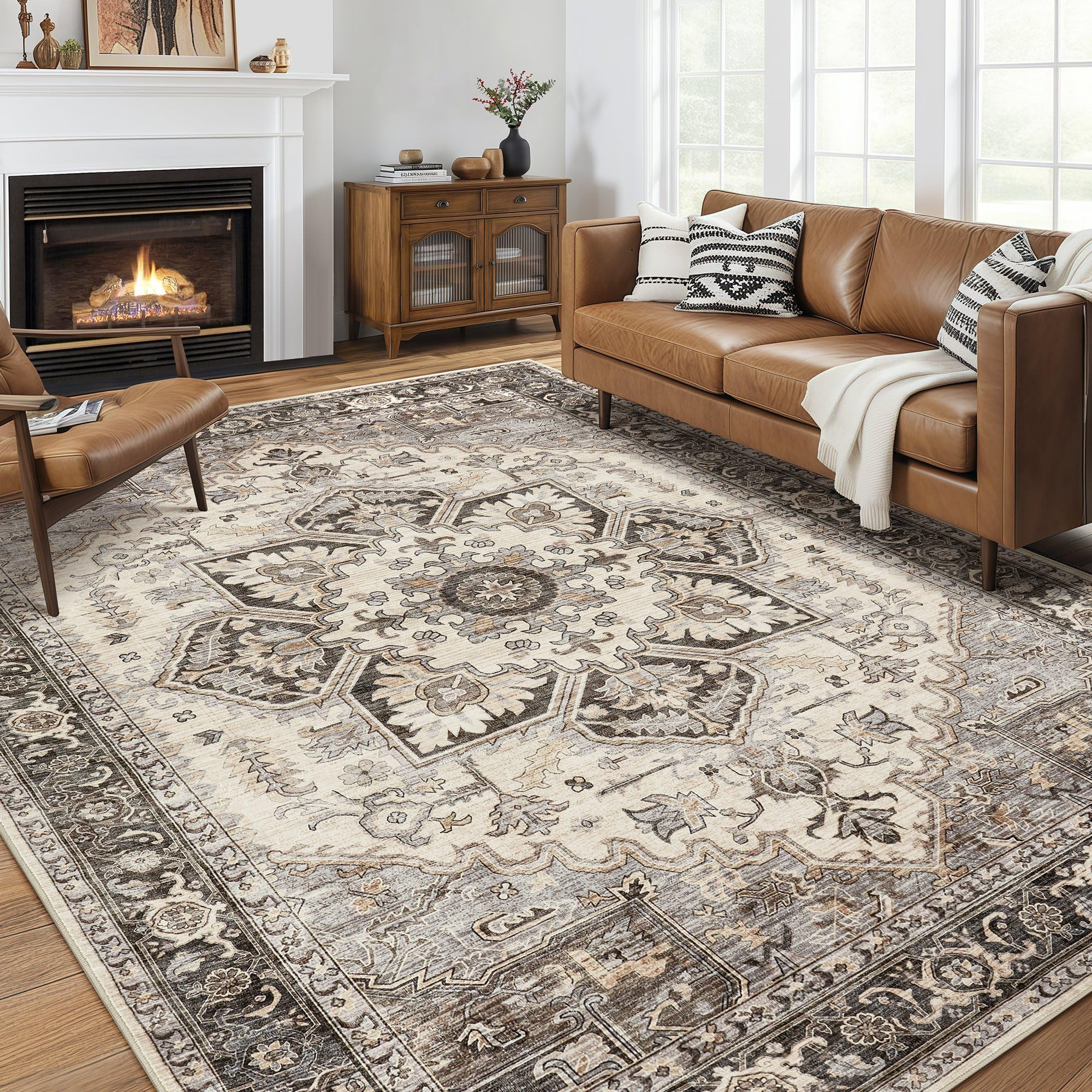 Area Rug for Living Room - 9x12 Soft Machine Washable Oriental Vintage Floral Distressed Large In... | Amazon (US)