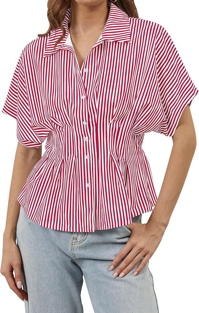 Women Casual Button Down Pleated Shirt Summer Short Sleeve Striped Print Peplum Blouses Business ... | Amazon (US)