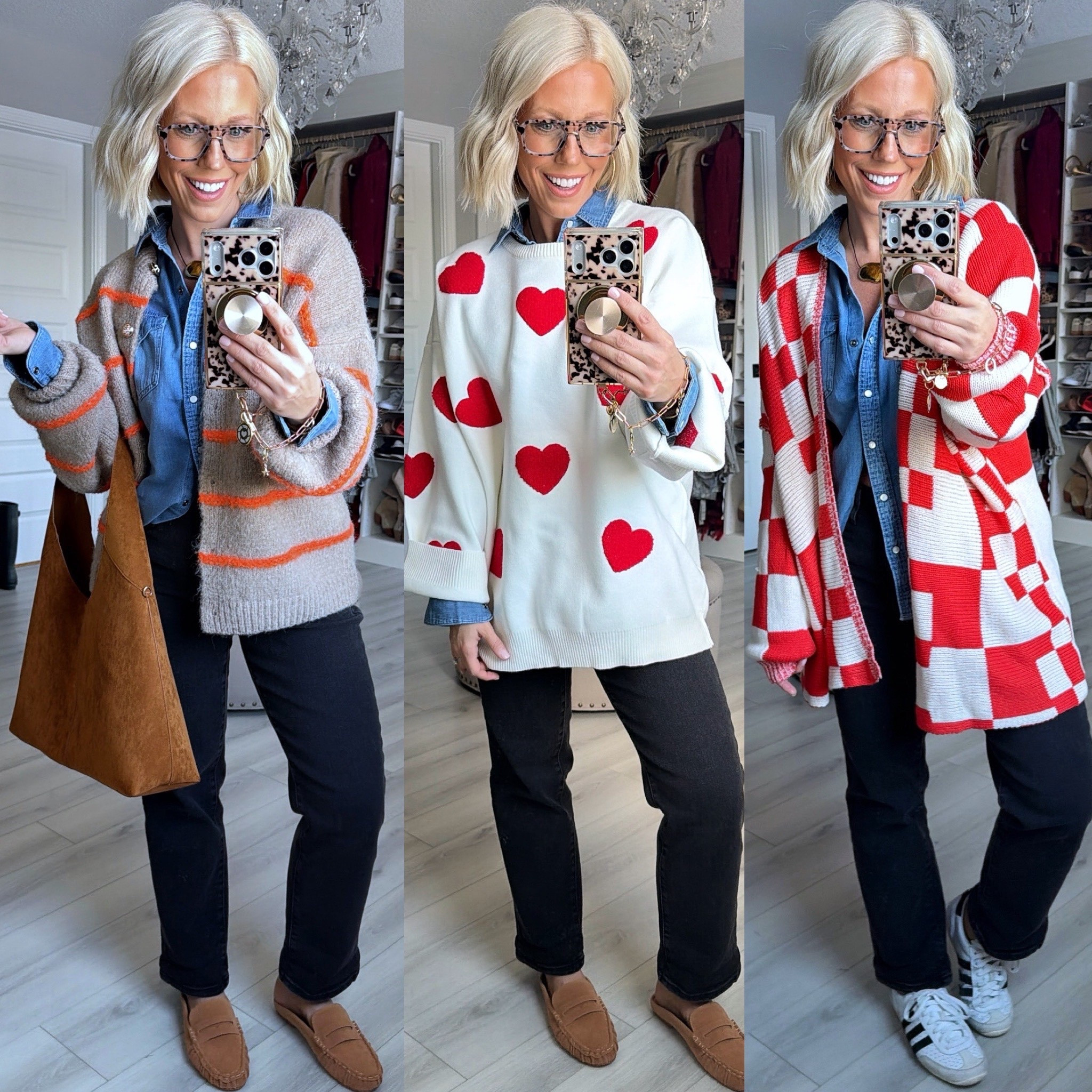 I love this blue shirt and of course it looks good all on its own too!! 
⬇️⬇️⬇️
Denim top small
Striped Cardi medium
Heart sweater medium (runs huge - need a small)
Checkered Cardi small
Jeans sized down to a 2 (rung big - size down)

#LTKootd #LTKSaleAlert #LTKOver40