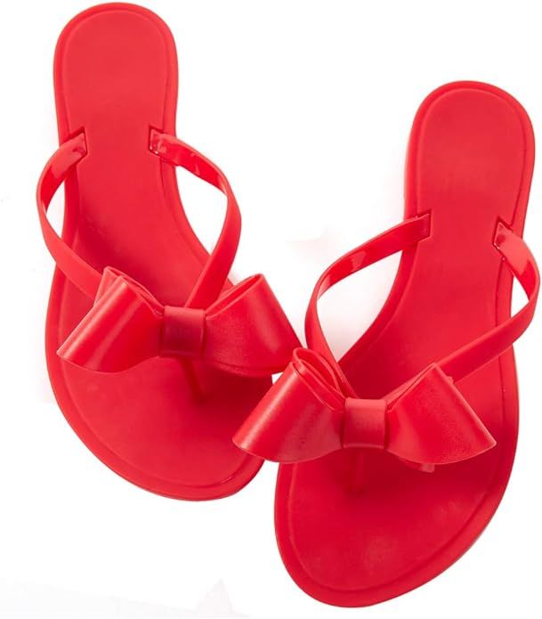 Mtzyoa Women Stud Bow Flip-Flops Sandals Beach Flat Rivets Rain Jelly Shoes | Amazon (US)