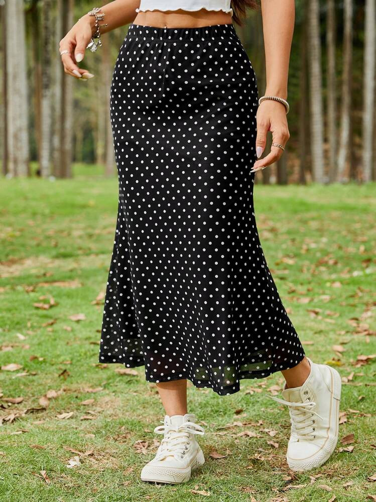 SHEIN EZwear Black Polka Dot Sheer Mesh High-Low Midi Skirt | SHEIN