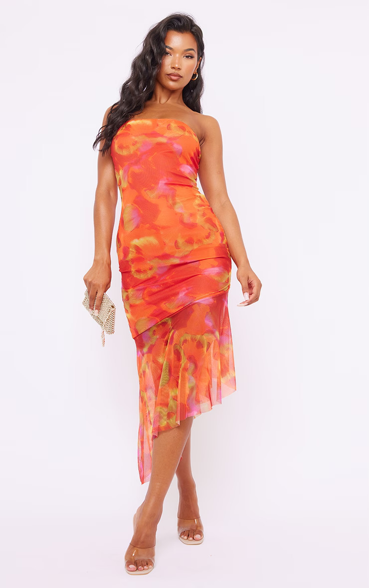 Orange Abstract Print Asymmetric Frill Hem Bandeau Midaxi Dress | PrettyLittleThing US