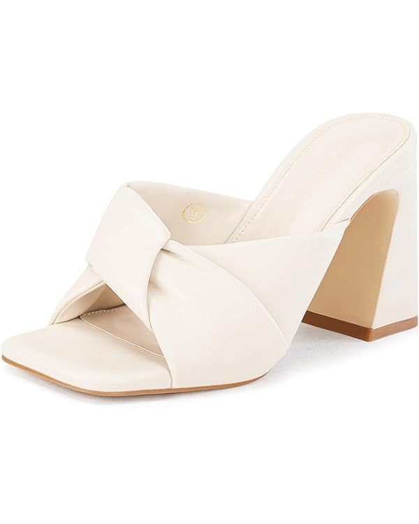 Coutgo Womens Chunky Heeled Mules Puffy Knot Square Open Toe Slip On Sandals Summer Evening Party... | Amazon (US)