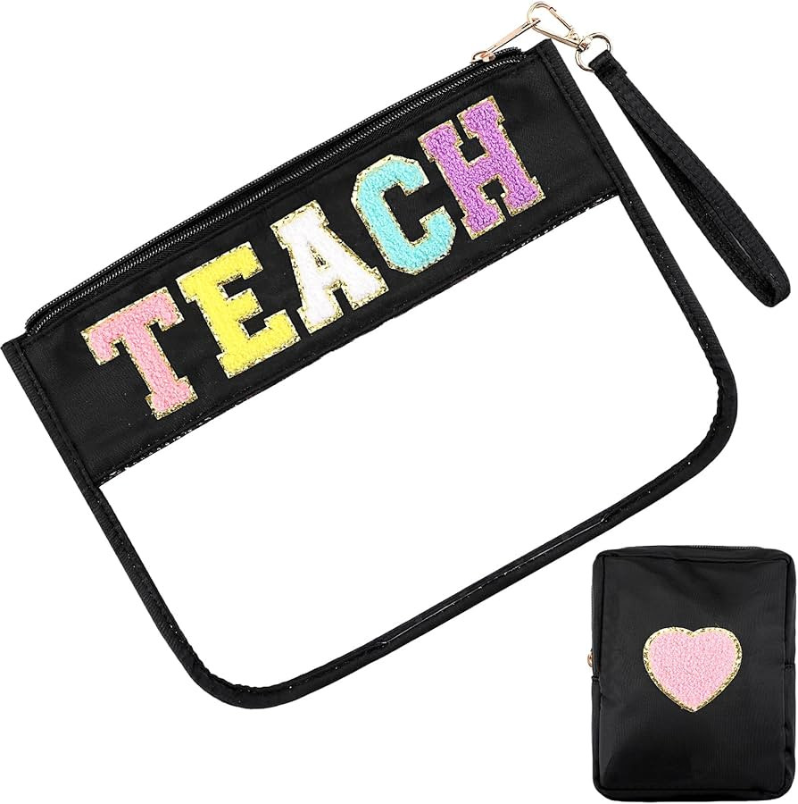 Hillban 2 Pcs Teach Gifts Christmas Chenille Letter Bags Preppy Patch Makeup Bag Flat Clear Pouch... | Amazon (US)