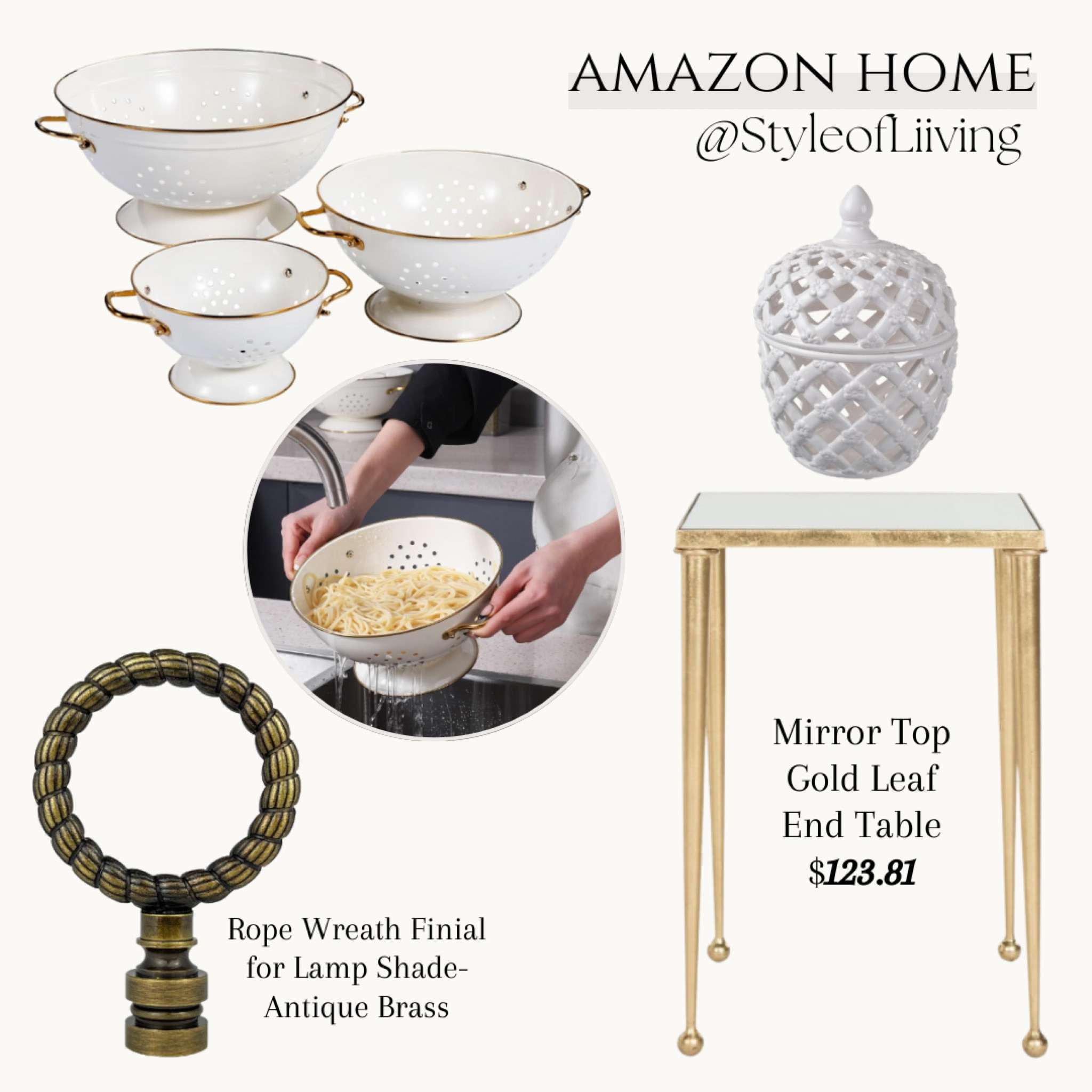 Amazon home! Kitchen, home decor, furniture. Gold side table with mirror top, set of 3 colanders, white jar with lid.

#LTKHome #LTKStyleTip #LTKFindsUnder100