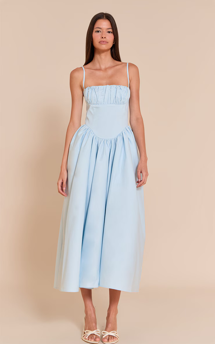 Light Blue Ruched Bust Corset Strappy Midaxi Dress | PrettyLittleThing US