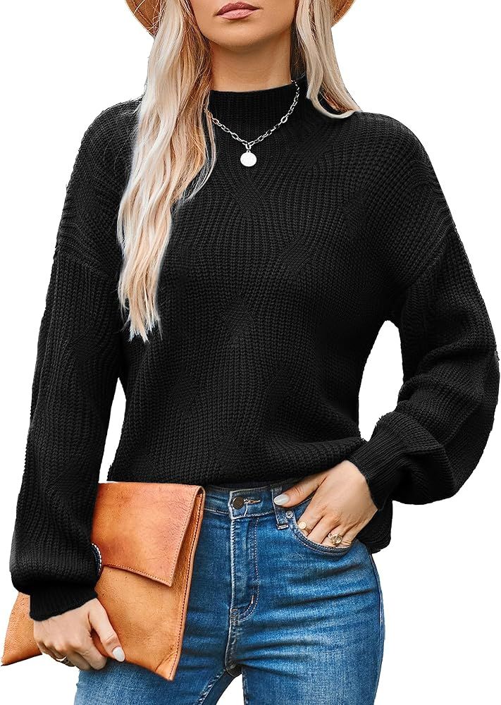 GRACE KARIN Women's Sweaters Turtleneck Lantern Sleeve Oversized Chunky Cable Knit Fall Tops | Amazon (US)