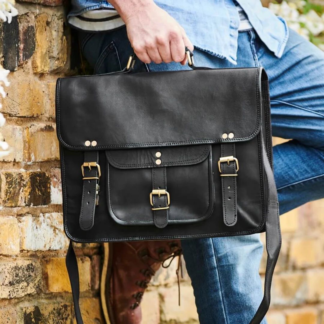 Black Classic Leather Satchel (14") with Personalisation | Etsy (UK)