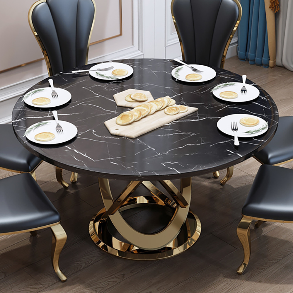 51"" Modern Black & Gold Round Marble Dining Table with Stainless Steel Pedestal | Homary