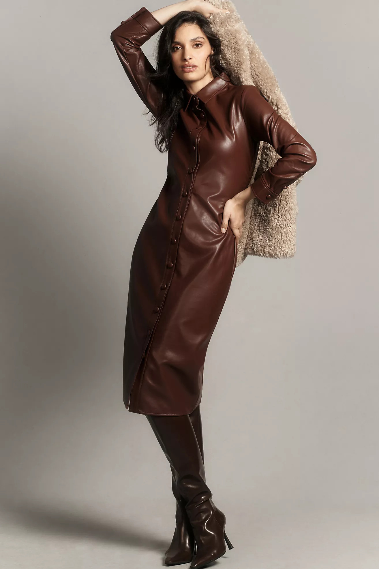 By Anthropologie Faux Leather Midi Shirt Dress | Anthropologie (US)