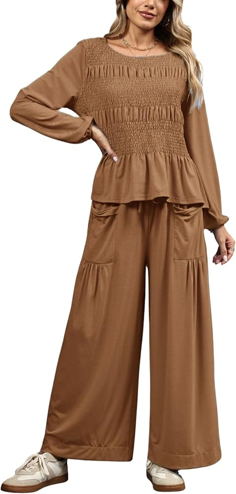 Womens 2-Piece Boho Long Sleeve Smocked Top & Wide Leg Pants Set Casual Lounge Outfit with Pocket... | Amazon (US)