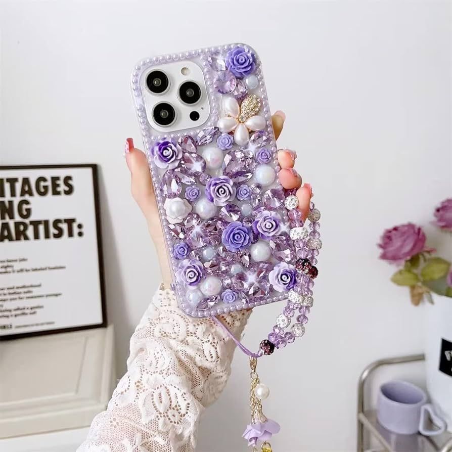 Threesee for iPhone 13 Pro Bling Floral Case,Luxury Crystal Rhinestone Flowers Glitter Diamond Pe... | Amazon (US)