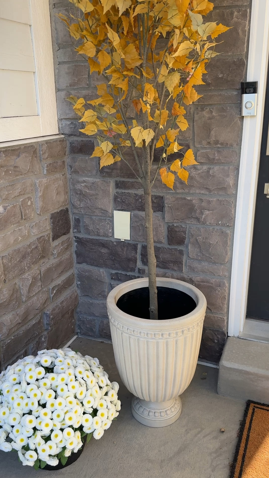 Fall porch, faux mums, pots, fall leaves, faux trees, fall tree, white pots 

#LTKHome #LTKSeasonal #LTKStyleTip