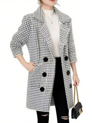 utcoco Women's Houndstooth Coat Double Breasted Notch Lapel Plaid Jacket 2025 Fall Winter Outwear (Large, Black) | Amazon (US)