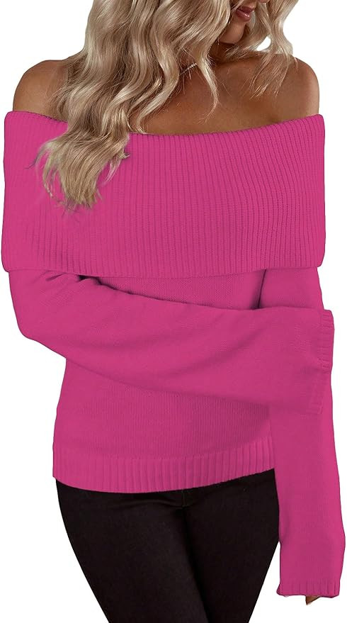 MakeMeChic Women's Off Shoulder Fold Over Long Sleeve Sweater Pullover Tops | Amazon (US)