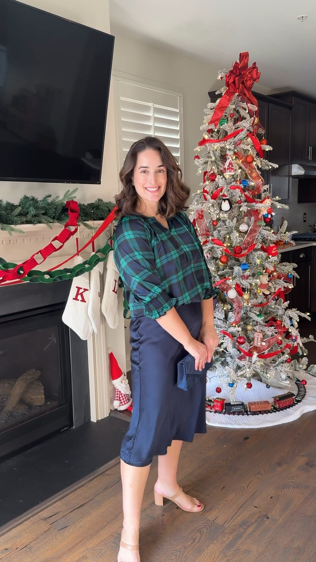 A festive blue and green plaid blouse paired with a navy silk slip dress is such an easy holiday outfit formula 🎄 This look feels polished yet comfortable—perfect for holiday parties, family gatherings, or date night. Classic holiday colors, timeless silhouettes, and pieces you can restyle all winter long. 

#LTKMidsize #LTKWorkwear #LTKHoliday