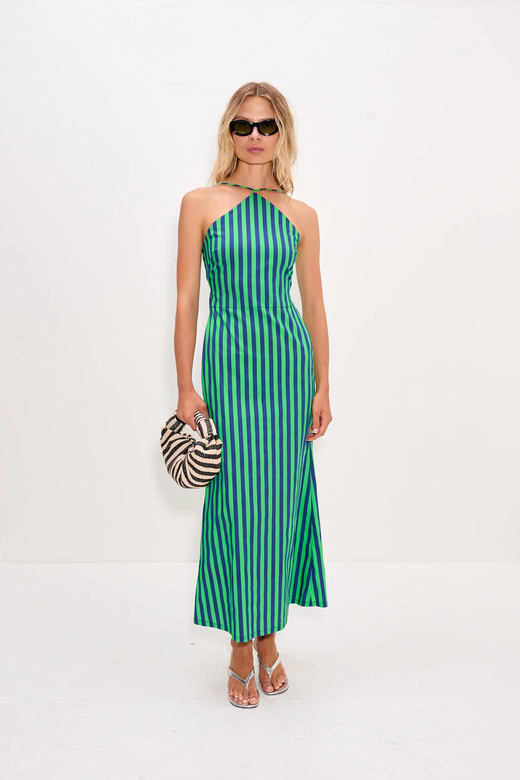 Kit Poplin Dress In Navy/Grass Green | Simon Miller