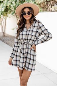Out Of My Control Plaid Tie Waist Tan Dress | Pink Lily