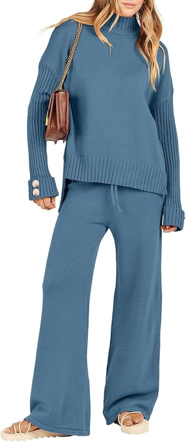 Caracilia Women's Two Piece Outfits Sweater Sets 2 Piece Long Sleeve Knit Pullover Tops Wide Leg ... | Amazon (US)
