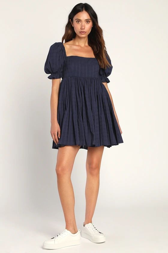 A Day in Paris Navy Blue Square Neck Puff Sleeve Babydoll Dress | Lulus (US)